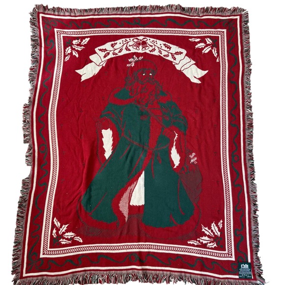 Goodwin Weavers Christmas Throw Blanket Old World Santa Red Green White Holly - Picture 7 of 12